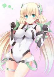 Rule 34 | 1girl, :o, aibumi, angela balzac, aqua eyes, armor, bad id, bad pixiv id, bare shoulders, black gloves, blonde hair, blush, bodysuit, breasts, clenched hands, clover, covered navel, cowboy shot, elbow gloves, four-leaf clover, gloves, gradient background, hair ornament, halterneck, headgear, highres, impossible clothes, impossible leotard, leotard, long hair, looking at viewer, low twintails, medium breasts, open mouth, pen-zin, pink background, purple background, rakuen tsuihou, shadow, skindentation, solo, standing, surprised arms, thigh gap, thigh strap, turtleneck, twintails, vambraces, very long hair