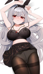 Rule 34 | 1girl, absurdres, armpits, arms up, artist name, black hairband, blush, bra, breasts, chain, chain necklace, cleavage, closed mouth, clothes lift, collarbone, eliteneet, frilled skirt, frills, frown, gem, grey hair, hair between eyes, hairband, highres, jewelry, lace, lace-trimmed bra, lace trim, large breasts, long hair, lying, midriff, miniskirt, necklace, off shoulder, on back, original, panties, panties under pantyhose, pantyhose, red eyes, red gemstone, shiny clothes, shiny legwear, simple background, skirt, skirt lift, solo, thighband pantyhose, thighs, underwear, white background, white panties