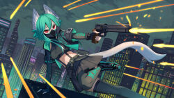 Rule 34 | 1girl, absurdres, animal ears, artist request, belt, breasts, building, bullet, fingerless gloves, gloves, green hair, gun, highres, holding, holding weapon, jacket, mask, medium breasts, neonpurrs, night, red eyes, shoes, skirt, sneakers, suspenders, tail, thighhighs, virtual youtuber, weapon