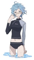 Rule 34 | 1girl, ahoge, arm behind back, bandaid, bandaid on face, bandaid on neck, bandaid on nose, blue hair, grey eyes, half-closed eyes, highres, light oooo, looking at viewer, navel, original, parted lips, scratches, short hair, simple background, solo, standing, swimsuit, water, white background