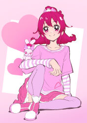 Rule 34 | 1girl, absurdres, aida mana, commentary request, dokidoki! precure, half updo, heart, highres, itaoka1, pink eyes, pink hair, pink skirt, pink sleeves, pink thighhighs, precure, sharuru (dokidoki! precure), shirt, shirt under shirt, sitting, skirt, smile, solo, striped clothes, striped shirt, thighhighs