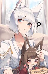 Rule 34 | 2girls, ?, absurdres, amagi-chan (azur lane), animal ears, azur lane, blue eyes, blunt bangs, breasts, cleavage, collarbone, couch, curtains, day, dot nose, eating, eyeliner, food, fox ears, fox girl, hair ribbon, half updo, hand on another&#039;s head, heart, highres, holding, holding food, indoors, japanese clothes, kaga (azur lane), kimono, large breasts, long bangs, long sleeves, looking at viewer, multiple girls, open clothes, open kimono, parted lips, print kimono, raised eyebrows, red eyeliner, red kimono, ribbon, samip, short hair, sitting, upper body, white hair, white kimono, wide sleeves, window, yukata
