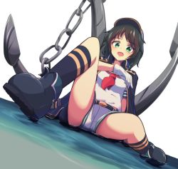 Rule 34 | 1girl, anchor, belt, black hair, boots, cape, chain, gloves, green eyes, hansode32, hat, highres, murasa minamitsu, neckerchief, open mouth, sailor collar, sailor hat, short hair, short sleeves, shorts, simple background, smile, solo, thighs, touhou, water, white background