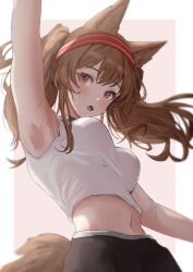 Rule 34 | 1girl, absurdres, angelina (arknights), animal ears, arknights, arm up, black coat, black pants, breasts, brown hair, coat, fox ears, fox tail, hairband, highres, long hair, looking at viewer, medium breasts, midriff, navel, open mouth, pants, red eyes, red hairband, shirt, simple background, solo, sora mame (princess 0sora), sweat, sweatdrop, tail, teeth, twintails, upper teeth only, white shirt