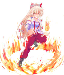 Rule 34 | 1girl, absurdres, bad id, bad pixiv id, boots, bow, fire, fujiwara no mokou, full body, hair bow, hair ribbon, highres, long hair, pants, red eyes, ribbon, silver hair, simple background, solo, suspenders, touhou, very long hair, wendell, white background