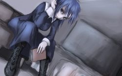 Rule 34 | 00s, 1girl, blue eyes, blue hair, book, boots, ciel (tsukihime), highres, long hair, sitting, solo, the law of contradiction, tsukihime, visual novel, wallpaper