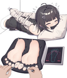 Rule 34 | 1girl, ^^^, arknights, arms behind back, barefoot, bdsm, belt, bondage, bound, bound arms, bound toes, character request, closed eyes, hair ornament, hairclip, highres, juzi (orange8619), la pluma (arknights), lying, on stomach, pillow, restrained, soles, tagme, tickling, tickling feet, toes, trembling