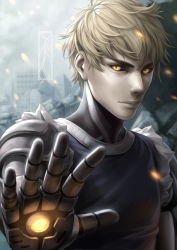 Rule 34 | 1boy, aiming, aiming at viewer, bad id, bad pixiv id, black sclera, blonde hair, colored sclera, cyborg, embers, genos, glowing, highres, kotikomori, male focus, one-punch man, realistic, signature, solo, tank top, upper body, yellow eyes
