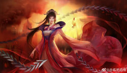 Rule 34 | 1girl, absurdres, black hair, building, chi lian (qin shi ming yue), chi lian qiju zhu, chinese commentary, clothing request, coat, commentary request, fire, handle, highres, long hair, long sleeves, ponytail, qinshi mingyue, smile, smoke, solo, tagme, tiara, upper body, very long hair, weapon, whip