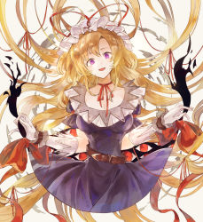 Rule 34 | 1girl, belt, blonde hair, bow, breasts, commentary request, dress, elbow gloves, frilled wrist cuffs, frills, gap (touhou), gloves, hat, hat ribbon, highres, hisona (suaritesumi), long hair, looking at viewer, mob cap, open mouth, purple dress, purple eyes, red bow, red eyes, red neckwear, red ribbon, ribbon, smile, solo, touhou, very long hair, wrist cuffs, yakumo yukari