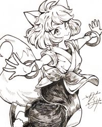 Rule 34 | 1girl, all yellow777, animal ears, bangle, bracelet, commentary, fox ears, fox girl, fox tail, greyscale, highres, jewelry, looking at viewer, monochrome, pants, ruoshui (the legend of luoxiaohei), shirt, shoes, simple background, smile, solo, tail, luo xiaohei zhanji, white background, white shirt