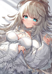 Rule 34 | 1girl, 40 (0f0urw), absurdres, blue eyes, blush, brown hair, closed mouth, commission, copyright request, criss-cross halter, dress, frilled dress, frilled sleeves, frills, halterneck, highres, juliet sleeves, long hair, long sleeves, lying, on back, puffy sleeves, skeb commission, sleeves past wrists, smile, solo, very long hair, white dress, wide sleeves