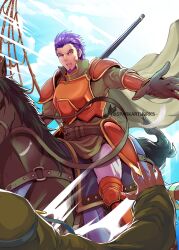 Rule 34 | 1boy, armor, armored boots, boots, breastplate, cloud, cloudy sky, facial hair, fire emblem, fire emblem: the blazing blade, gloves, highres, holding, holding polearm, holding weapon, horse, horseback riding, looking at viewer, marcus (fire emblem), nintendo, open mouth, orange armor, outstretched arm, pauldrons, polearm, purple hair, riding, shoulder armor, sky, solo focus, sparkartworks, weapon