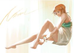 Rule 34 | 1girl, artist name, bare legs, bare shoulders, barefoot, bracelet, character name, closed mouth, commentary, dress, from side, full body, hair behind ear, jewelry, knee up, kyoterii, light smile, looking to the side, nami (one piece), one piece, orange eyes, orange hair, short hair, sitting, solo, symbol-only commentary, white dress
