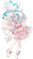 Rule 34 | 1girl, :d, aqua eyes, aqua hair, bag, blush, bow, commentary, dress, dress bow, eyepatch, frilled dress, frills, full body, handbag, hatsune miku, heart, highres, jewelry, long sleeves, miku day, open mouth, pantyhose, pink bow, pink dress, puffy sleeves, rabbit, rainbow print, ring, simple background, smile, standing, striped clothes, striped pantyhose, tie clip, twintails, uekura eku, unworn eyepatch, vocaloid, white background, white footwear