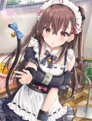 Rule 34 | 1girl, apron, bare shoulders, bell, black bow, black sleeves, blue bow, blush, bow, breasts, brown eyes, brown hair, cat tail, collarbone, commentary request, day, detached collar, detached sleeves, dress, food, frilled apron, frills, hair between eyes, hair ornament, hairclip, indoors, jingle bell, looking at viewer, maid, maid headdress, maruma (maruma gic), medium breasts, omelet, omurice, one side up, original, parted lips, puffy short sleeves, puffy sleeves, ribbon-trimmed apron, ribbon trim, short sleeves, sign, sleeveless, sleeveless dress, solo, tail, tail bell, tail bow, tail ornament, tail raised, waist apron, white apron, wooden floor