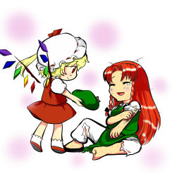 Rule 34 | 2girls, bad id, bad pixiv id, barefoot, braid, bruise, chinese clothes, embodiment of scarlet devil, female focus, flandre scarlet, hat, highres, hong meiling, injury, long hair, multiple girls, red eyes, red hair, shoes, short hair, single shoe, tears, torn clothes, touhou, tsukaji, twin braids, wings
