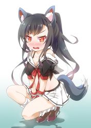 Rule 34 | 1girl, angry, animal ear fluff, animal ears, azur lane, black bra, black hair, black shirt, blush, bow, bowtie, bra, bra strap, breasts, brown footwear, cat ears, cleavage, collarbone, crop top, dog tail, fang, female focus, full body, gradient background, have to pee, jpeg artifacts, long hair, looking at viewer, midriff, miniskirt, nose blush, off shoulder, open mouth, own hands together, peeing, peeing self, pleated skirt, ponytail, puddle, ratryu, red bow, red bowtie, red eyes, red ribbon, ribbon, sailor collar, shigure (azur lane), shirt, shoes, short sleeves, simple background, skirt, small breasts, socks, solo, squatting, tail, tears, tied shirt, underwear, v arms, white sailor collar, white socks, wristband