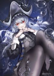 Rule 34 | 1girl, absurdres, arknights, black hat, black pantyhose, black shirt, blue background, blue nails, bubble, feet out of frame, grey hair, hair ornament, hat, hat ornament, highres, interlocked fingers, knee up, long sleeves, looking at viewer, mihaia, nail polish, official alternate costume, pantyhose, parted lips, red eyes, shirt, solo, specter (arknights), specter the unchained (arknights), underwater