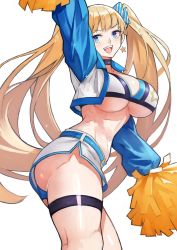 Rule 34 | 1girl, absurdres, belt, bikini, bikini top only, blonde hair, blue eyes, blush, borrowed character, bow, breasts, choker, cleavage, cropped jacket, highres, jacket, large breasts, lina (michihasu), long hair, long sleeves, miniskirt, open clothes, open jacket, open mouth, original, pom pom (cheerleading), simple background, skirt, smile, solo, sparkle, striped bow, swimsuit, thigh strap, thighs, twintails, vertical-striped bow, very long hair, white background, white bikini, white skirt, yoshio (55level)