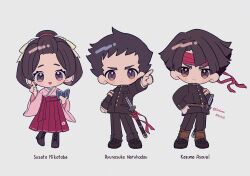 Rule 34 | 1girl, 2boys, ace attorney, armband, black hair, black jacket, brown eyes, brown hair, character name, chibi, closed mouth, dated, full body, grey background, hair rings, hakama, hands on own hips, highres, jacket, japanese clothes, kazuma asogi, kimono, long sleeves, looking at viewer, male focus, multiple boys, narumame, open mouth, pants, pink kimono, pointing, ryunosuke naruhodo, school uniform, short hair, simple background, smile, standing, susato mikotoba, sword, the great ace attorney, twitter username, weapon