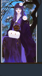 Rule 34 | 1girl, absurdres, bare tree, chinese clothes, closed mouth, earrings, expressionless, fan yu xi, hair ornament, hanfu, highres, jewelry, medium hair, muff, purple eyes, purple hair, qinshi mingyue, shao siming (qin shi ming yue), sitting, smile, snow, solo, tree, white pom poms