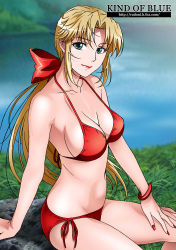 Rule 34 | 1girl, arm support, bad id, bad pixiv id, bikini, blonde hair, breasts, dead or alive, fingernails, green eyes, helena douglas, lipstick, long fingernails, long hair, looking at viewer, makeup, nail polish, outdoors, ponytail, red lips, red lips, red nails, rock, rudoni, sideboob, sitting, smile, swimsuit