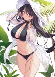 Rule 34 | 1girl, arm up, bikini, black bikini, black hair, blue eyes, bracelet, earrings, groin, hand on own cheek, hand on own face, hand up, hat, highres, icomochi, jewelry, looking at viewer, navel, non-web source, original, palm tree, plant, see-through, sun hat, swimsuit, tree