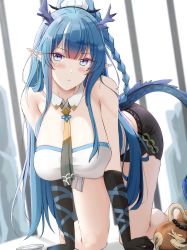Rule 34 | 1girl, all fours, arknights, bare shoulders, black shorts, blue eyes, blue hair, blush, braid, breasts, cleavage, closed mouth, detached collar, dragon girl, dragon horns, dragon tail, highres, horns, keenh, large breasts, ling (arknights), long hair, looking at viewer, multicolored hair, necktie, pointy ears, short shorts, shorts, sidelocks, solo, streaked hair, tail, thighs, white hair, yellow necktie