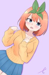 Rule 34 | 1girl, :d, blue eyes, blue skirt, blush, breasts, brown sweater, collarbone, commentary, dutch angle, eyebrows hidden by hair, go-toubun no hanayome, green ribbon, hair between eyes, hair ribbon, hands up, highres, kujou karasuma, long sleeves, medium breasts, nakano yotsuba, open mouth, orange hair, pink background, pleated skirt, ribbon, signature, simple background, skirt, sleeves past wrists, smile, solo, sweater, symbol-only commentary