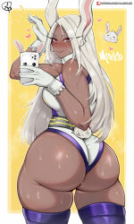 Rule 34 | 1girl, absurdres, almualim, animal ears, ass, bare shoulders, blush, boku no hero academia, border, breasts, cellphone, character name, clothing cutout, curvy, dark-skinned female, dark skin, fur collar, gloves, hand up, heart, highleg, highleg leotard, highres, holding, holding phone, huge ass, large breasts, leotard, long eyelashes, long hair, looking at viewer, mirko, parted bangs, patreon username, phone, purple thighhighs, rabbit, rabbit ears, rabbit girl, rabbit pose, rabbit tail, red eyes, selfie, signature, smartphone, smile, solo, steaming body, sweat, tail, tail through clothes, thick thighs, thighhighs, thighs, toned, twisted torso, very long hair, white border, white gloves, white hair, white leotard, wide hips, yellow background