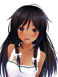 Rule 34 | 1girl, :d, absurdres, ahoge, bad id, bad pixiv id, bare shoulders, black hair, blush, bow, braid, breasts, brown eyes, cleavage, collarbone, dark-skinned female, dark skin, dress, fang, hair bow, hair over shoulder, hair ribbon, highres, kitou kaitai, long hair, looking at viewer, medium breasts, open mouth, original, red eyes, ribbon, simple background, smile, solo, sundress, tan, tongue, tsurime, twin braids, white background