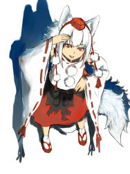 Rule 34 | 1girl, animal ears, bare shoulders, detached sleeves, full body, geta, hand on own head, hand on own hip, hat, inubashiri momiji, pom pom (clothes), red eyes, ribbon-trimmed sleeves, ribbon trim, short hair, silver hair, simple background, solo, tail, tokin hat, touhou, white background, wolf ears, wolf tail, zzzzzzzzzzzzzzp