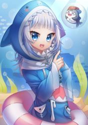 Rule 34 | &gt; &lt;, 1girl, :d, artist name, bloop (gawr gura), blue eyes, blue hair, blush, bubble, commentary request, fish, gawr gura, gawr gura (1st costume), hat, highres, hololive, hololive english, hood, innertube, kimgaby, looking at viewer, multicolored hair, open mouth, plant, pointing, shark, sharp teeth, silhouette, sleeves past wrists, smile, swim ring, teeth, twitter username, two-tone hair, underwater, virtual youtuber