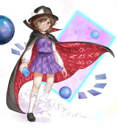 Rule 34 | 1girl, absurdres, black cloak, black footwear, black hat, bow, brown hair, cloak, clothes writing, commentary request, full body, glasses, grin, hakonnbo, hat, hat bow, high collar, highres, holding, holding phone, long sleeves, looking at viewer, phone, plaid, plaid skirt, plaid vest, purple skirt, purple vest, red cloak, runes, school uniform, shirt, shoes, short hair, skirt, smile, socks, solo, touhou, two-sided cloak, two-sided fabric, usami sumireko, vest, white bow, white shirt, white socks