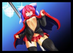 Rule 34 | 1girl, absurdres, black thighhighs, blouse, bow, cape, from below, hair bow, highres, kurobane, no bra, no panties, open clothes, open shirt, pole, red eyes, red hair, sekibanki, shirt, solo, stripper, stripper pole, thighhighs, touhou