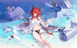 Rule 34 | 1girl, arknights, bikini, bird, black bikini, blush, breasts, broken pillar, burnt clothes, cleavage, demon horns, detached sleeves, feet out of frame, fingernails, flower, hair between eyes, hair ornament, hair rings, hand up, highres, horns, in water, leaf, lips, long hair, looking at viewer, nail polish, official alternate costume, parted lips, petals, pink flower, pink nails, purple eyes, red flower, red hair, ribbon, sitting, small breasts, solo, star (symbol), star hair ornament, surtr (arknights), surtr (colorful wonderland) (arknights), swimsuit, swimsuit cover-up, sword, till-valhalla, very long hair, water, weapon, white bird, white ribbon, white sleeves