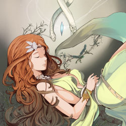 Rule 34 | 10s, 1girl, absurdres, bracer, breasts, brown hair, collar, crystal, curly hair, dress, closed eyes, female focus, final fantasy, final fantasy xiv, hachino (hacinon), highres, long hair, medium breasts, nophica, ornament, parted lips, plant, sideboob, snake, solo