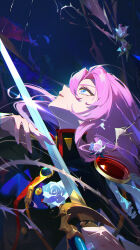 Rule 34 | 1girl, aiguillette, black jacket, blue eyes, commentary request, fingernails, flower, highres, holding, holding sword, holding weapon, jacket, jewelry, long hair, looking up, nail polish, ootori gakuen school uniform, parted lips, pink hair, pink nails, profile, ring, rose, school uniform, shoujo kakumei utena, solo, sword, sword of dios, tenjou utena, tr6xx, weapon, white flower, white rose