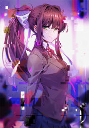 Rule 34 | 1girl, blazer, blue skirt, blurry, blurry background, bow, brown hair, brown jacket, closed mouth, collared shirt, depth of field, doki doki literature club, enomaru saku, from side, glitch, green eyes, hair bow, hair intakes, jacket, long hair, long sleeves, looking at viewer, looking to the side, miniskirt, monika (doki doki literature club), neck ribbon, pleated skirt, ponytail, red ribbon, ribbon, school uniform, shirt, sidelocks, skirt, smile, solo, sweater vest, undershirt, upper body, very long hair, white bow, white shirt, wing collar