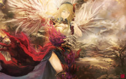 Rule 34 | 1girl, angel wings, armor, armored boots, black skirt, blonde hair, boots, breasts, cape, claws, cleavage, closed mouth, commentary, english commentary, closed eyes, feathered wings, fire, foot out of frame, gauntlets, head wings, highres, holding, long hair, medium breasts, pauldrons, ragnarok online, red cape, revision, shoulder armor, signature, skirt, solo, tree, tsunoh, valkyrie, valkyrie randgris, waist cape, white wings, wings