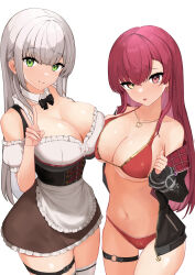Rule 34 | 2girls, apron, asymmetrical docking, bikini, black bow, black bowtie, black jacket, bow, bowtie, breast press, breasts, cleavage, corset, cowboy shot, detached collar, detached sleeves, dress, frilled dress, frills, gold necklace, green eyes, grey hair, hair down, hand up, heart, heart necklace, heterochromia, highres, hololive, houshou marine, houshou marine (summer), jacket, jewelry, large breasts, long hair, looking at viewer, maid, maid apron, multiple girls, navel, necklace, o-ring, o-ring thigh strap, off-shoulder shirt, off shoulder, official alternate costume, oritonagi, plaid, red bikini, red eyes, red hair, revision, shirogane noel, shirogane noel (dirndl), shirt, short dress, single bare shoulder, stomach, swimsuit, thigh gap, thigh strap, v, virtual youtuber, white shirt, yellow eyes