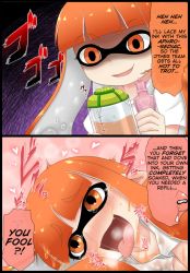Rule 34 | 1girl, 2koma, :d, ahegao, aphrodisiac, aruva, before and after, blush, comic, domino mask, drugs, english text, fang, gradient background, heart, heavy breathing, inkling player character, instant loss, long hair, mask, monster girl, nintendo, open mouth, orange eyes, orange hair, saliva, shaded face, smile, splatoon (series), squid, tongue, tongue out, translated