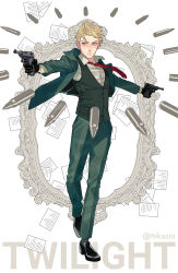 Rule 34 | 1boy, belt, belt buckle, black belt, black gloves, blazer, blonde hair, blue eyes, buckle, bullet, character name, closed mouth, collared shirt, commentary, dress shirt, dual wielding, english commentary, expressionless, formal, full body, gloves, green jacket, green pants, green vest, gun, handgun, hands up, highres, hikazio, holding, holding gun, holding weapon, jacket, long sleeves, looking at viewer, male focus, necktie, open clothes, open jacket, pants, pistol, red necktie, shirt, short hair, simple background, solo, spy x family, standing, suit, twilight (spy x family), twitter username, vest, waistcoat, watch, weapon, white background, white shirt