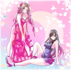 Rule 34 | 2girls, aerith gainsborough, aerith gainsborough (red dress), bare arms, bare shoulders, bent over, black hair, bracelet, breasts, brown hair, cleavage, closed mouth, commentary, crescent, crescent earrings, crescent moon, dress, drill hair, earrings, final fantasy, final fantasy vii, final fantasy vii remake, flamenco dress, frilled dress, frills, full body, green eyes, hair ribbon, high heels, highres, jewelry, knee up, large breasts, legs, light blush, long hair, looking at viewer, medium breasts, moon, multiple girls, official alternate costume, own hands together, parted bangs, purple dress, purple footwear, red dress, red eyes, red ribbon, ribbon, shoji sakura, short dress, sideboob, sitting, sleeveless, sleeveless dress, smile, sparkle, standing, star (symbol), strapless, strapless dress, swept bangs, symbol-only commentary, tifa lockhart, tifa lockhart (refined dress), wall market
