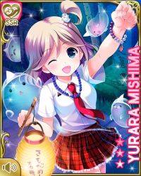 Rule 34 | 1girl, arm up, beads, blonde hair, bracelet, card (medium), cat smile, clenched hand, facial hair, flashlight, ghost, girlfriend (kari), graveyard, grey eyes, holding, japanese text, jewelry, lantern, looking at object, mishima yurara, mustache, necklace, neckwear request, official art, one eye closed, open mouth, outdoors, plaid, plaid skirt, qp:flapper, red skirt, short hair, side ponytail, sign, skirt, standing, stick, tagme, translation request, wink