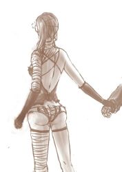 Rule 34 | 1boy, 1girl, ass, back, bandaged arm, bandaged leg, bandaged neck, bandages, breasts, feet out of frame, from behind, gloves, grey theme, holding hands, kaine (nier), lingerie, long hair, medium breasts, monochrome, negligee, nier, nier (series), nier (brother), panties, side ponytail, simple background, solo focus, standing, underwear, wariko, white background