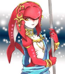 Rule 34 | 1girl, breasts, fins, gills, head fins, holding, holding staff, looking to the side, mipha, nete you, nintendo, red lips, sash, small breasts, solo, staff, the legend of zelda, the legend of zelda: breath of the wild, yellow eyes, zora