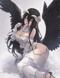Rule 34 | 1girl, albedo (overlord), black hair, black wings, breasts, demon girl, demon horns, feathered wings, flower, highres, horns, long hair, looking at viewer, natsume yochiki, open mouth, overlord (maruyama), playing with own hair, rose, smile, solo, wings, yellow eyes