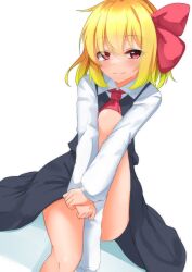 Rule 34 | 1girl, ascot, black dress, black skirt, black vest, blonde hair, blush, bow, collared dress, dress, eyes visible through hair, hair ribbon, half-closed eyes, highres, long sleeves, looking at viewer, own hands together, red ascot, red bow, red eyes, red ribbon, ribbon, rody (hayama yuu), rumia, shirt, short hair, simple background, sitting, skirt, smile, socks, solo, split mouth, thighs, touhou, vest, white background, white shirt, white socks